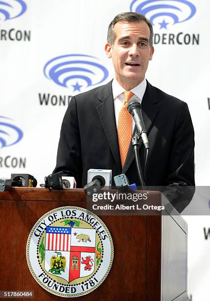 Los Angeles Mayor Eric Garcetti opens the convention at a press conference on Day 1 of WonderCon 2016 held at Los Angeles Convention Center on March...