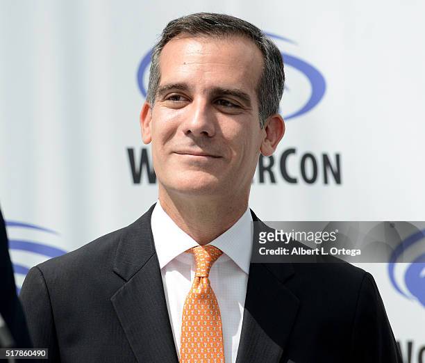Los Angeles Mayor Eric Garcetti opens the convention at a press conference on Day 1 of WonderCon 2016 held at Los Angeles Convention Center on March...