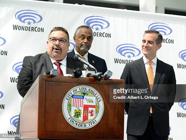 Comic-Con Spokesman David Glanzer with Los Angeles Mayor Eric Garcetti at a press conference on Day 1 of WonderCon 2016 held at Los Angeles...
