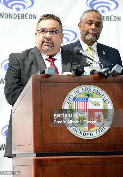 Comic-Con Spokesman David Glanzer at a press conference on Day 1 of WonderCon 2016 held at Los Angeles Convention Center on March 25, 2016 in Los...