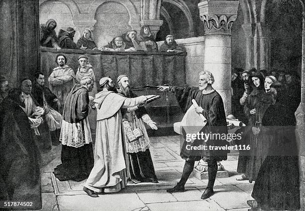 stockillustraties, clipart, cartoons en iconen met galileo galilei at the inquisition - rechtszaak