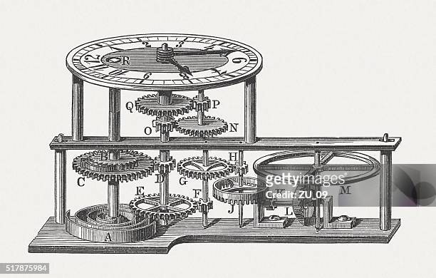 clockwork of a pocket watch, wood engraving, published in 1880 - pinion stock illustrations