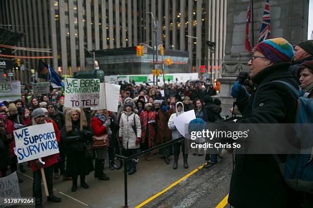 Ryerson instructor Anna Willats addresses a few hundred supporters during a rally at Old City Hall. Ryerson Unversity's Centre for Women and Trans...