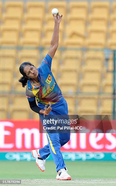 Bangalore, INDIA Inoka Ranaweera of Sri Lanka bowls during the Women's ICC World Twenty20 India 2016 match between South Africa and Sri Lanka at the...