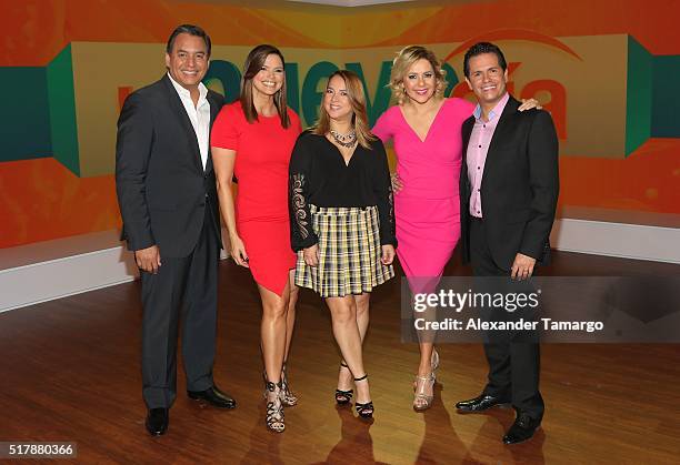 Daniel Sarcos, Rashel Diaz, Adamari Lopez, Ana Maria Canseco and Diego Schoening are seen during the unveiling of the new set of "Un Nuevo Dia" at...