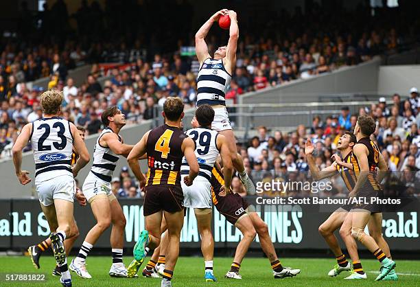 Patrick Dangerfield of the Cats takes a spectacular mark during the round one AFL match between the Geelong Cats and the Hawthorn Hawks at the...