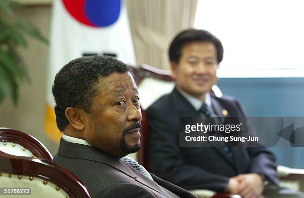 General Assembly President Jean Ping , talks with South Korea's National Security Council chairman and Unification Minister Chung Dong-Young at...