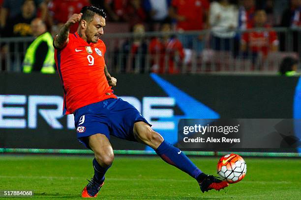 Mauricio Pinilla of Chile kicks the ball during a match between Chile and Argentina as part of FIFA 2018 World Cup Qualifiers at Nacional Stadium on...