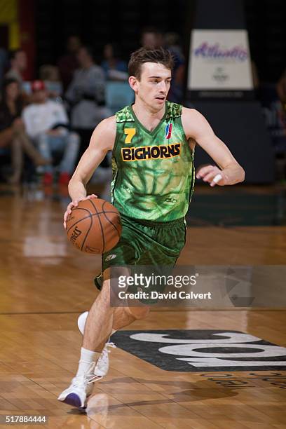 David Stockton of the Reno Bighorns dribbles against the Los Angeles D-Fenders at the Reno Events Center on March 25, 2016 in Reno, Nevada. The...