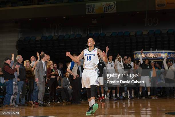 Erick Green of the Reno Bighorns celebrates his game winning shot against the Idaho Stampede at the Reno Events Center on March 26, 2016 in Reno,...