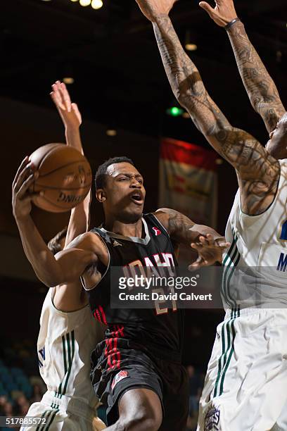 Treveon Graham of the Idaho Stampede looks to pass against the Reno Bighorns at the Reno Events Center on March 26, 2016 in Reno, Nevada. NOTE TO...