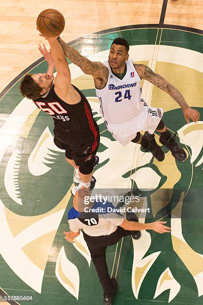 Eric Moreland of the Reno Bighorns and Tibor Pleiss of the Idaho Stampede jump for the opening tip off at the Reno Events Center on March 26, 2016 in...