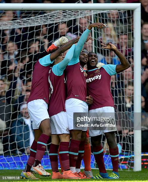 Diafra Sakho of West Ham United takes a selfie on the pitch to celebrate after scoring in the West Ham United XI v West Ham United All Stars XI: Mark...
