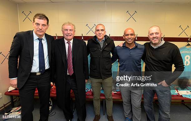 Slaven Bilic, Trevor Brooking, Paolo Di Canio, Trevor Sinclair and Julian Dicks before the match between West Ham United XI v West Ham United All...