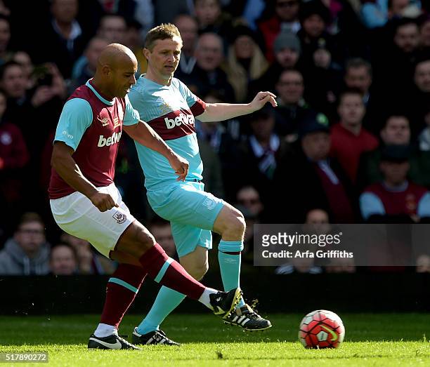 Trevor Sinclair and Kevin Keen in action during the match between West Ham United XI v West Ham United All Stars XI: Mark Noble Testimonial at Boleyn...
