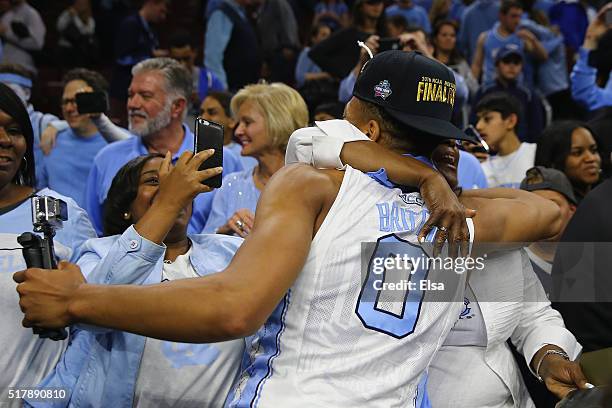 Nate Britt of the North Carolina Tar Heels celebrates after defeating the Notre Dame Fighting Irish with a score of 74 to 88 in the 2016 NCAA Men's...