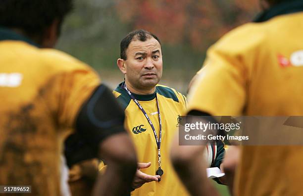 Australian Wallabies Coach Eddie Jones gives instuctions during Australia's Rugby training session at St Pauls School on November 24, 2004 in...