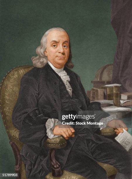 Portrait of American politician, scientist, and philosopher Benjamin Franklin , one of the drafters of the Declaration of Independence, 1770s.