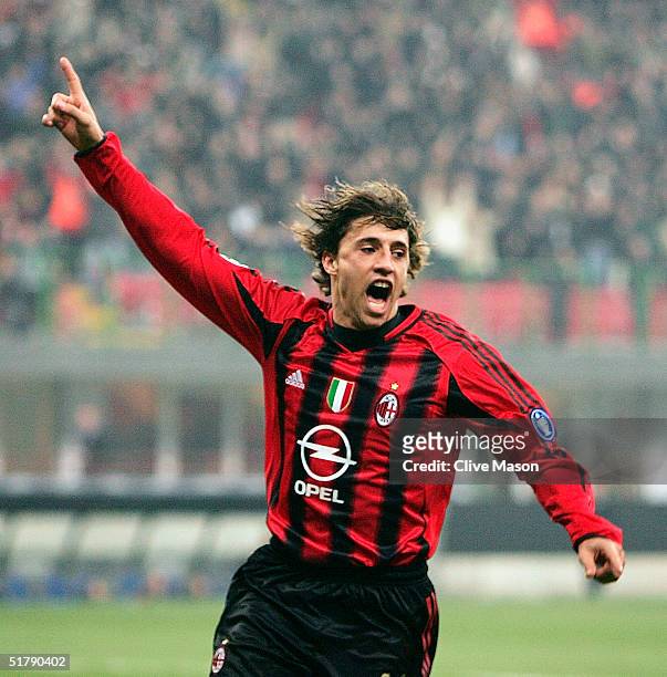 Hernan Crespo of AC Milan celebrates his goal during the UEFA Champions League Group F match between AC Milan and Shakhtar Donetsk at the San Siro on...