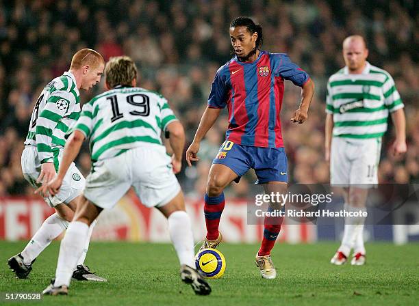 Ronaldinho of Barca finds himself surrounded by Celtic players during the UEFA Champions League Group F match between FC Barcelona and Glasgow...