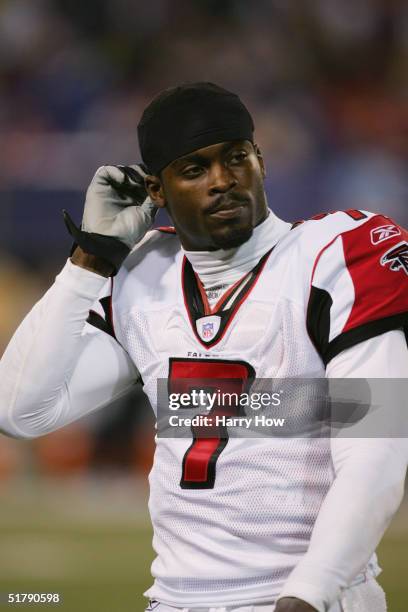 Quarterback Michael Vick of the Atlanta Falcons is seen with his helmet off during the game against the New York Giants at Giant Stadium on November...