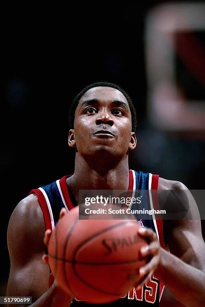 Isiah Thomas of the Detroit Pistons shoots a freethrow against the Atlanta Hawks during an NBA game circa 1988 at the Omni in Atlanta, Georgia. NOTE...