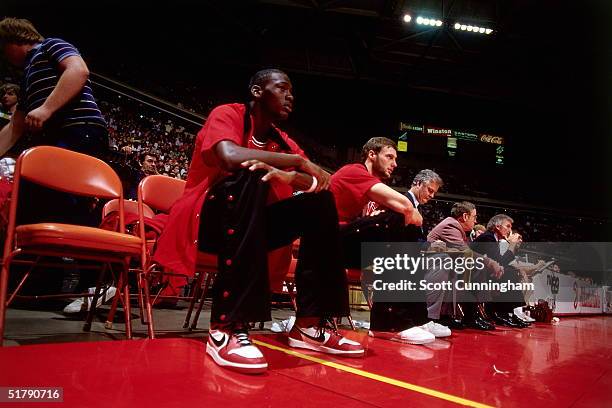 Michael Jordan of the Chicago Bulls rests on bench against the Atlanta Hawks during an NBA game circa 1986 at the Omni in Atlanta, Georgia. NOTE TO...