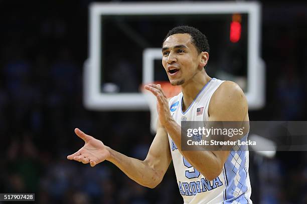 Marcus Paige of the North Carolina Tar Heels reacts against the Notre Dame Fighting Irish during the 2016 NCAA Men's Basketball Tournament East...