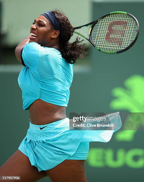 Serena Williams of the United States in action against Svetlana Kuznetsova of Russia in their fourth round match during the Miami Open Presented by...