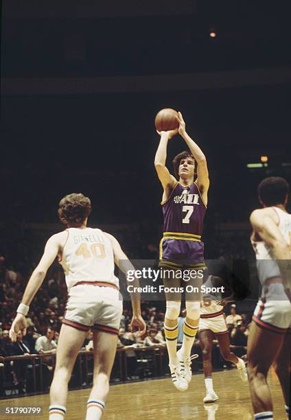 Utah Jazz's Pete Maravich takes a jump shot against the New York Knicks at Madison Square Garden in 1979 in New York, New York.