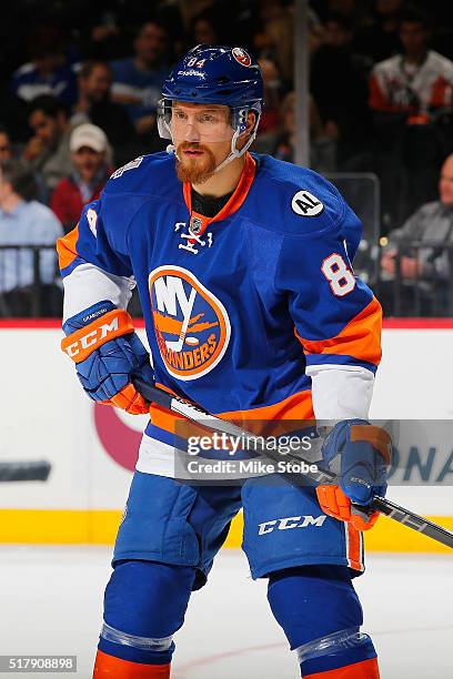 Mikhail Grabovski of the New York Islanders skates aganst the Washington Capitals at the Barclays Center on January 7, 2016 in Brooklyn borough of...