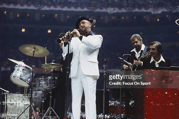 Halftime music players entertain the crowd during Superbowl XII featuring the Denver Broncos and the Dallas Cowboys at the Superdome on January 15,...