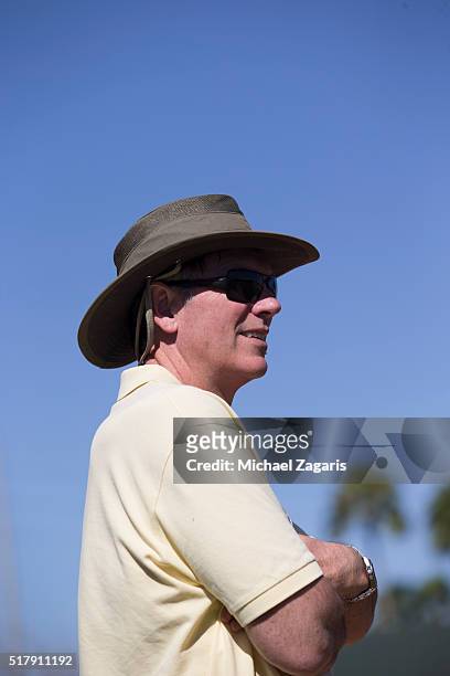 Executive Vice President of Baseball Operations Billy Beane of the Oakland Athletics stands on the field during a spring training workout at Fitch...