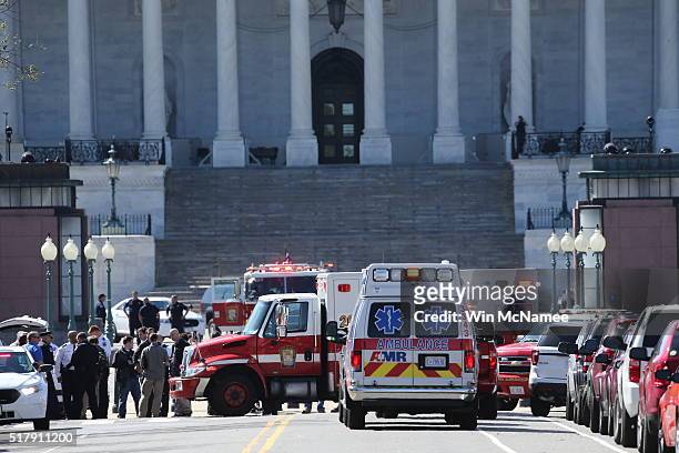 Emergency personel respond during a lock down after shots were reportedly fired at the U.S. Capitol Visitor Center March 28, 2016 in Washington, DC....
