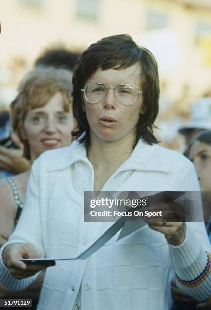 Billie Jean King talks during the Wimbeldon tennis championship in July of 1972 in London, England. Billie Jean King won her first major singles...