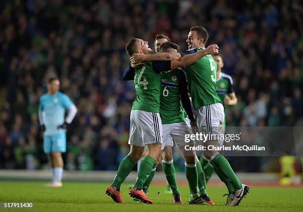 Conor Washington of Northern Ireland celebrates after scoring during the international friendly between Northern Ireland and Slovenia at Windsor Park...