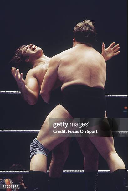 Bruno Sammartino a professional wrestler takes a hit in the ring. Sammartino held the World Wrestling Federation Championship for more than twelve...