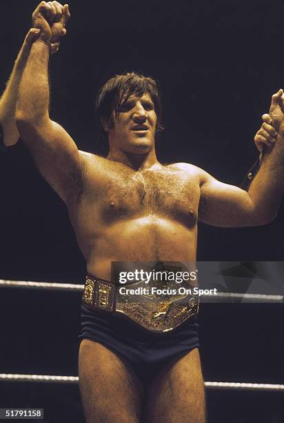 Bruno Sammartino a professional wrestler has his hand raised in victory after a match. Sammartino held the World Wrestling Federation Championship...
