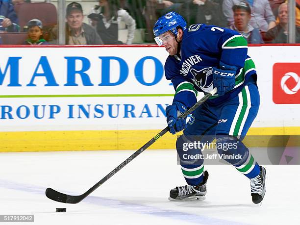 Linden Vey of the Vancouver Canucks skates up ice during their NHL game against the Minnesota Wild at Rogers Arena February 15, 2016 in Vancouver,...