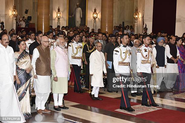 President Pranab Mukherjee, Prime Minister Narendra Modi with senior BJP leader LK Advani and other dignitaries during the Padma Awards Investiture...