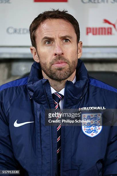 Gareth Southgate manager of England U21 looks on prior to the European Under 21 Qualifier match between Switzerland U21 and England U21 at Stockhorn...