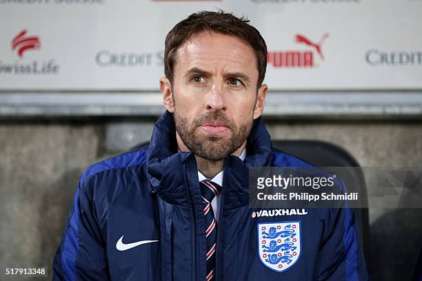 Gareth Southgate manager of England U21 looks on prior to the European Under 21 Qualifier match between Switzerland U21 and England U21 at Stockhorn...