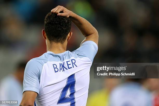 Lewis Baker of England U21 reacts after missing a chance to score during the European Under 21 Qualifier match between Switzerland U21 and England...