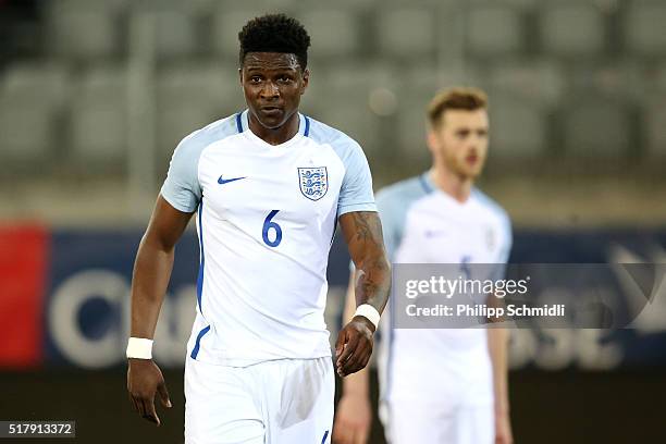 Kortney Hause of England U21 looks on during the European Under 21 Qualifier match between Switzerland U21 and England U21 at Stockhorn Arena on...