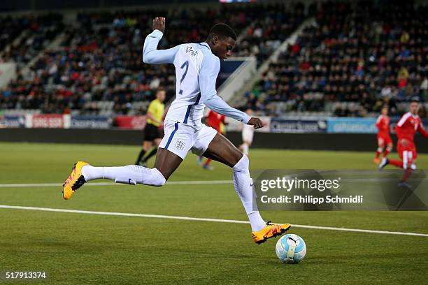 Dominic Iorfa of England U21 plays the ball during the European Under 21 Qualifier match between Switzerland U21 and England U21 at Stockhorn Arena...