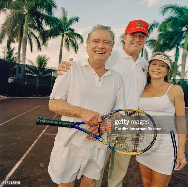 Real estate developer Donald Trump and TV personalities Regis and Joy Philbin are photographed for Vanity Fair Magazine on February 22, 2003 at...