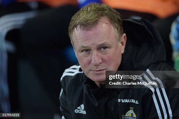 Northern Ireland manager Michael O'Neill looks on during the international friendly between Northern Ireland and Slovenia at Windsor Park on March...