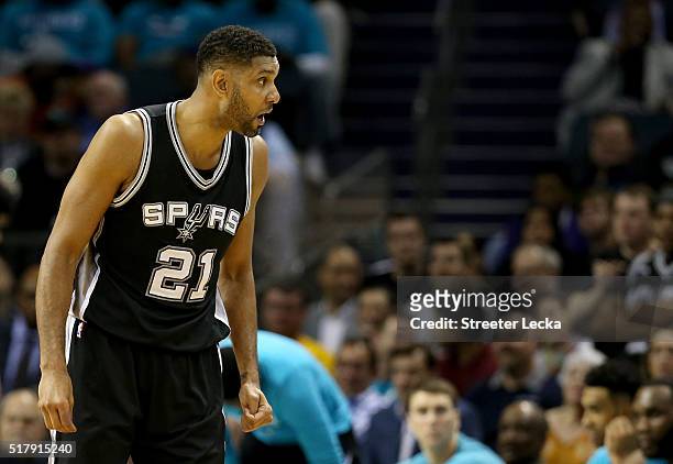 Tim Duncan of the San Antonio Spurs during their game at Time Warner Cable Arena on March 21, 2016 in Charlotte, North Carolina.NOTE TO USER: User...