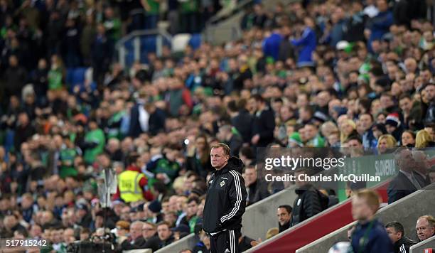 Northern Ireland manager Michael O'Neill during the international friendly between Northern Ireland and Slovenia at Windsor Park on March 28, 2016 in...