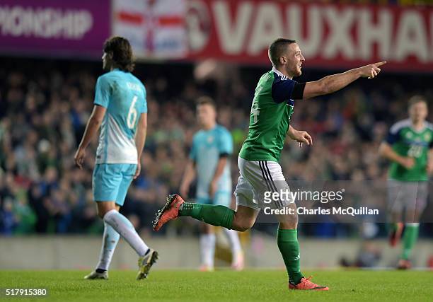 Conor Washington of Northern Ireland celebrates after scoring during the international friendly between Northern Ireland and Slovenia at Windsor Park...